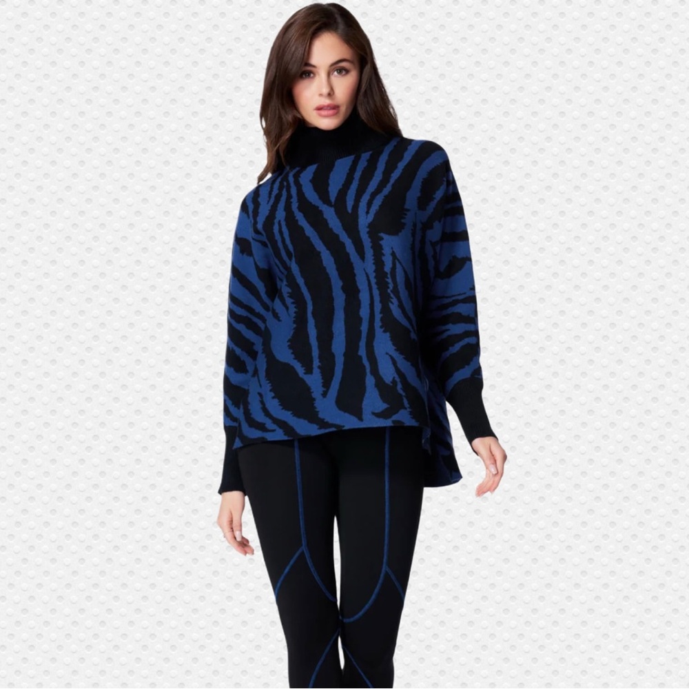 Bebe Oversized Jacquard Sweater Abstract Zebra Pattern, Blue Black S/M